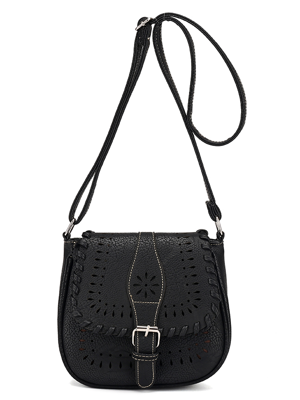 Laser-Cut Buckle Strap Saddle Bag - Black