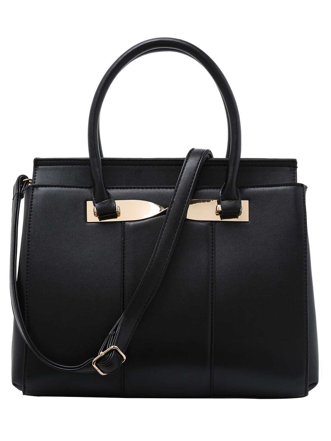 Twist Metal Plate Embellished Structured Tote Bag - Black