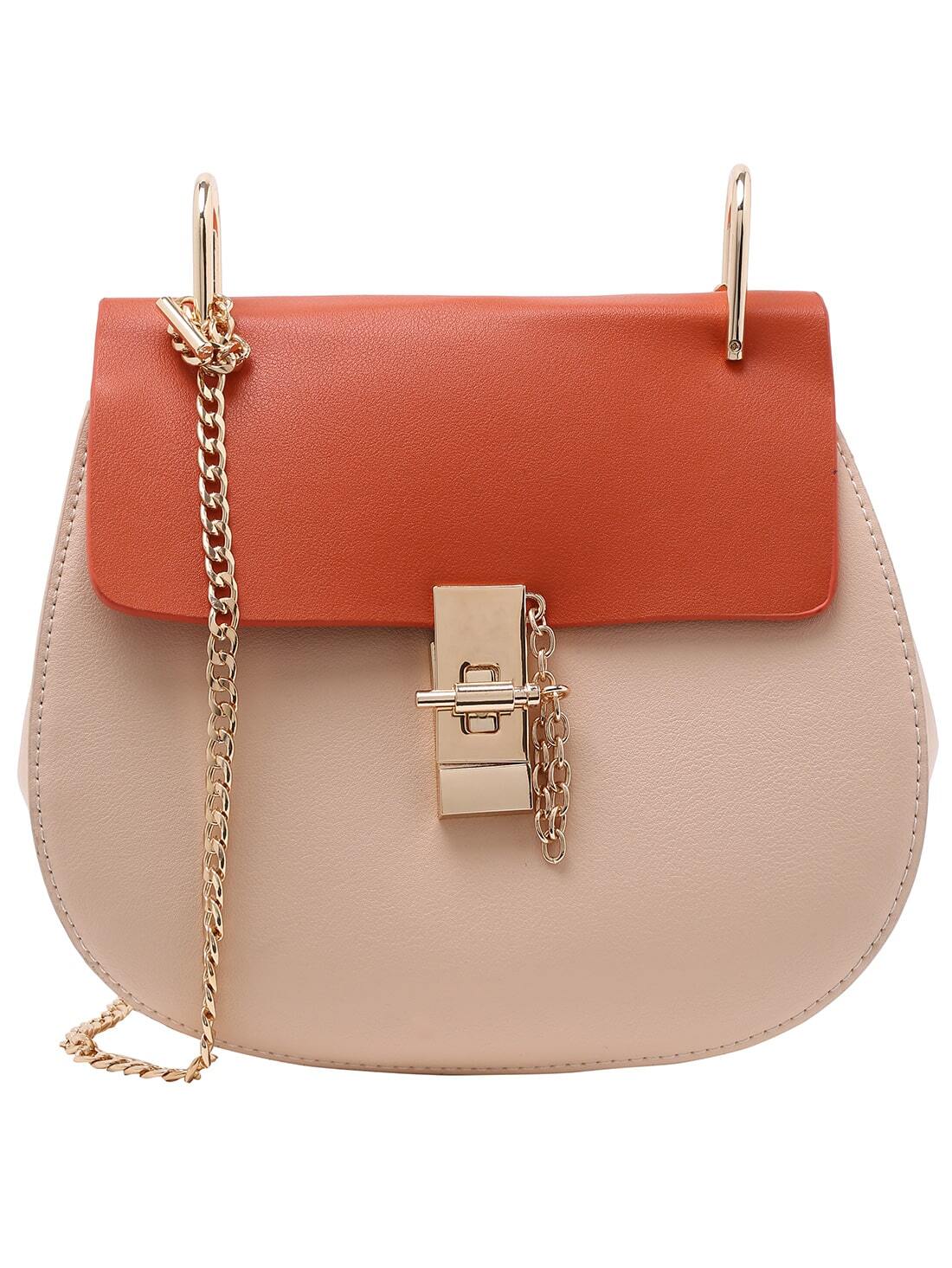 Contrast Faux Leather Chain Saddle Bag - Apricot