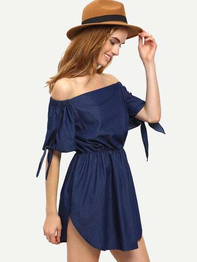 Navy Off The Shoulder Tie Cuff Dress