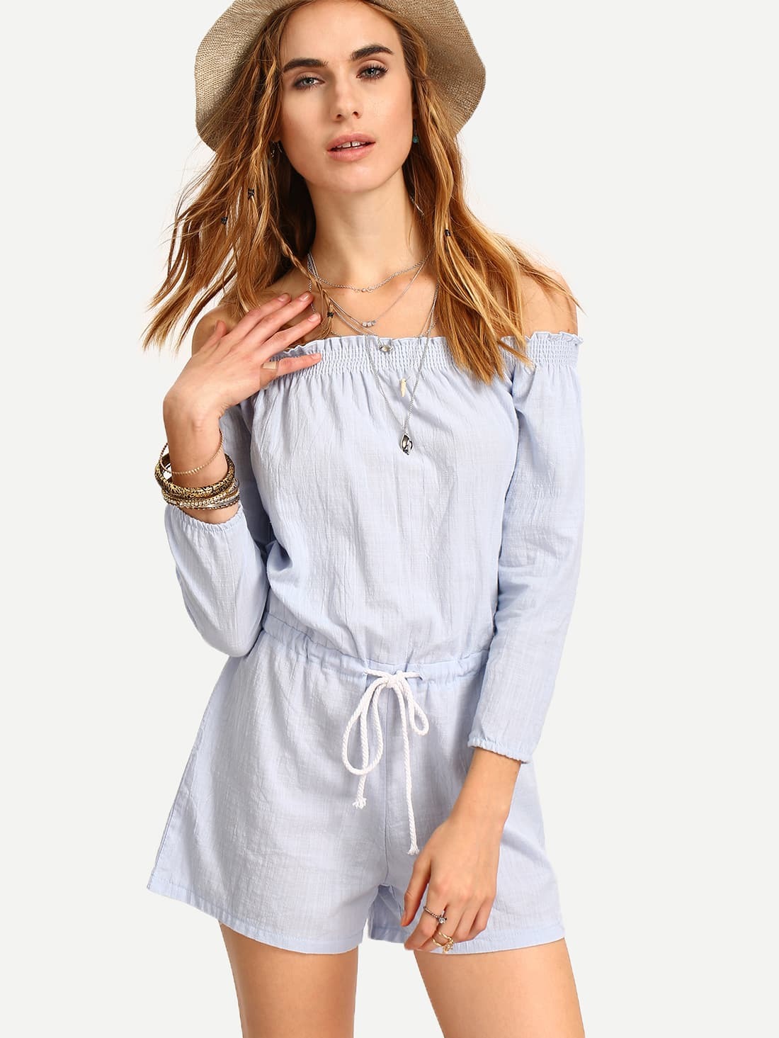 Off-The-Shoulder Drawstring Waist Romper