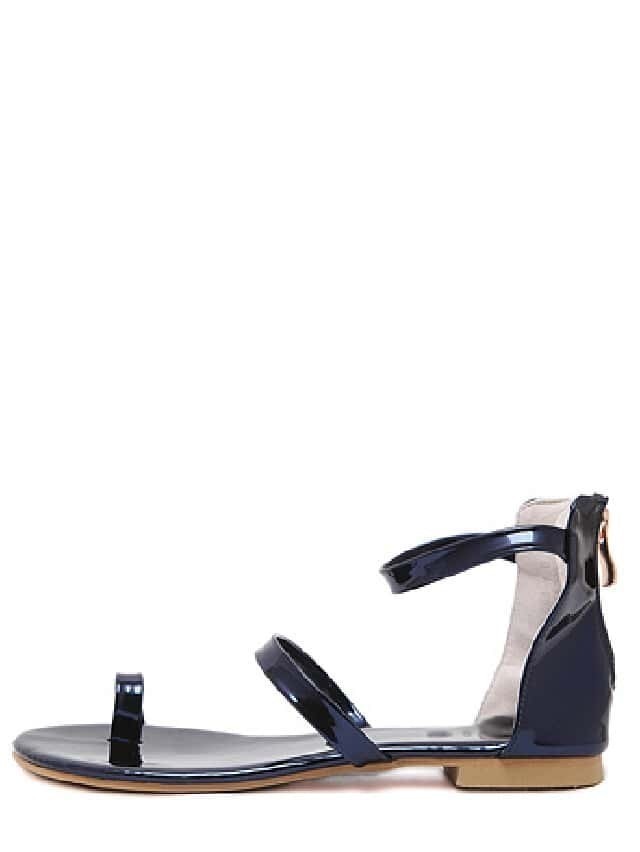 Dark Blue Toe-Ring Ankle Strap Flat Sandals