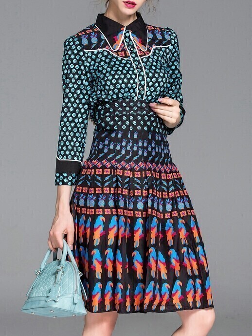 Multicolor Lapel Print Two Pieces A-Line Dress