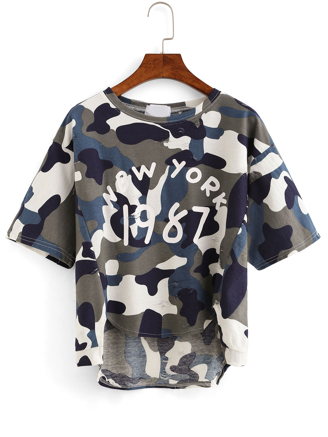 Letter Print High-Low Camouflage T-shirt - Olive Green