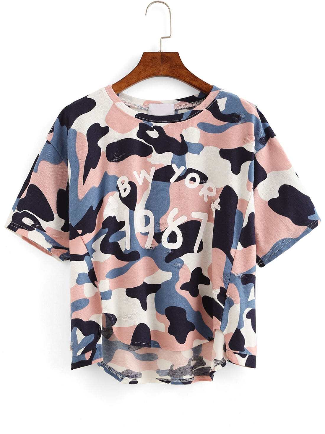 Letter Print High-Low Camouflage T-shirt - Pink