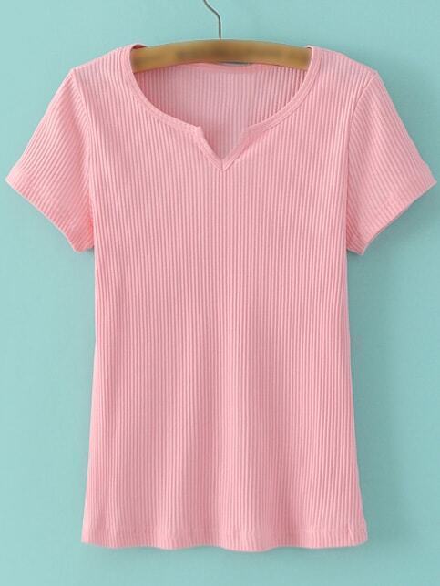 Pink V Neck Short Sleeve Ribbed T-shirt