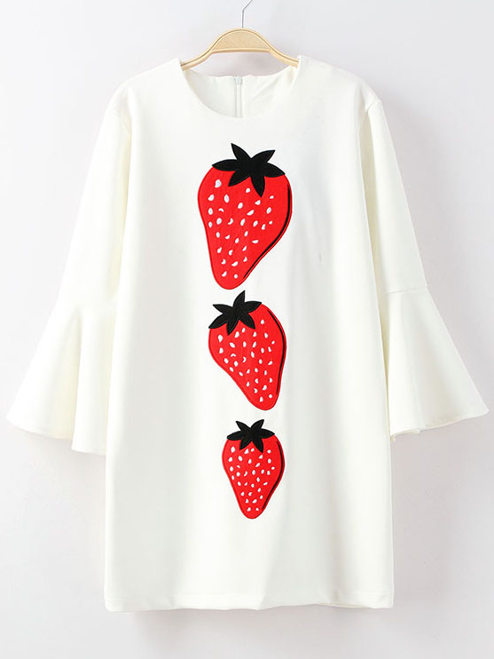 White Bell Sleeve Zipper Back Strawberries Print Dress