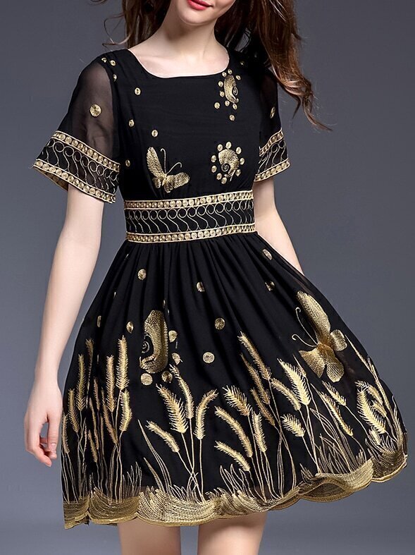 Black Gauze Embroidered A-Line Dress