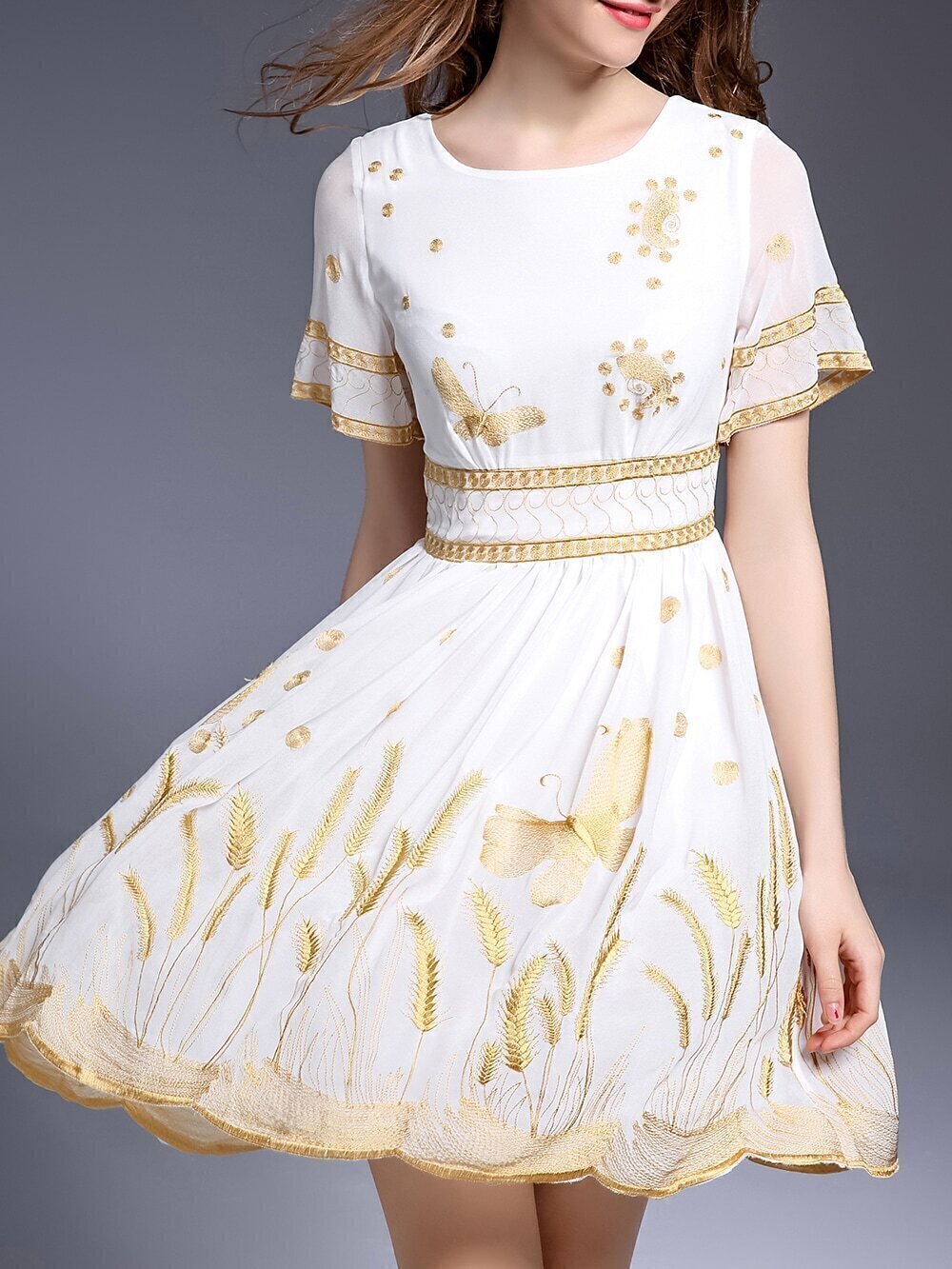 White Gauze Embroidered A-Line Dress