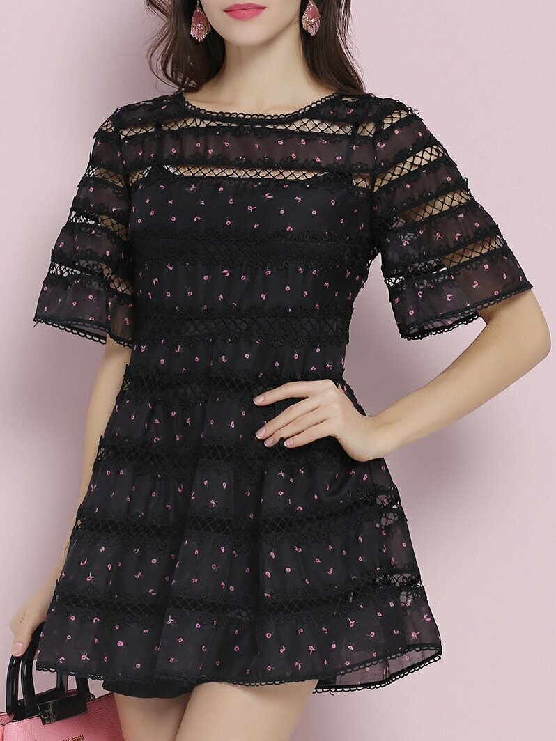 Black Hollow Floral A-Line Dress