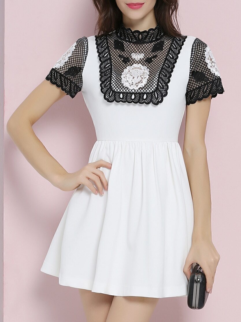 White Crochet Hollow Out Embroidered A-Line Dress