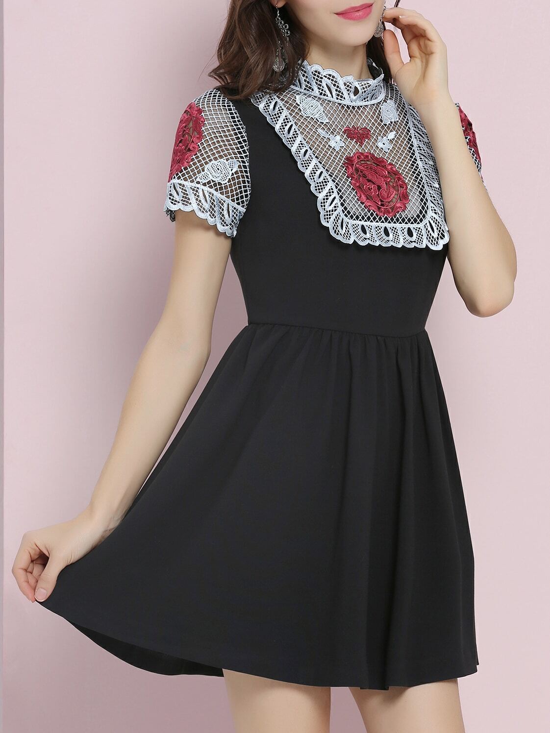 Black Crochet Hollow Out Embroidered A-Line Dress