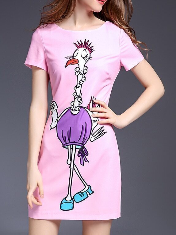 Pink Cartoon Print Shift Dress