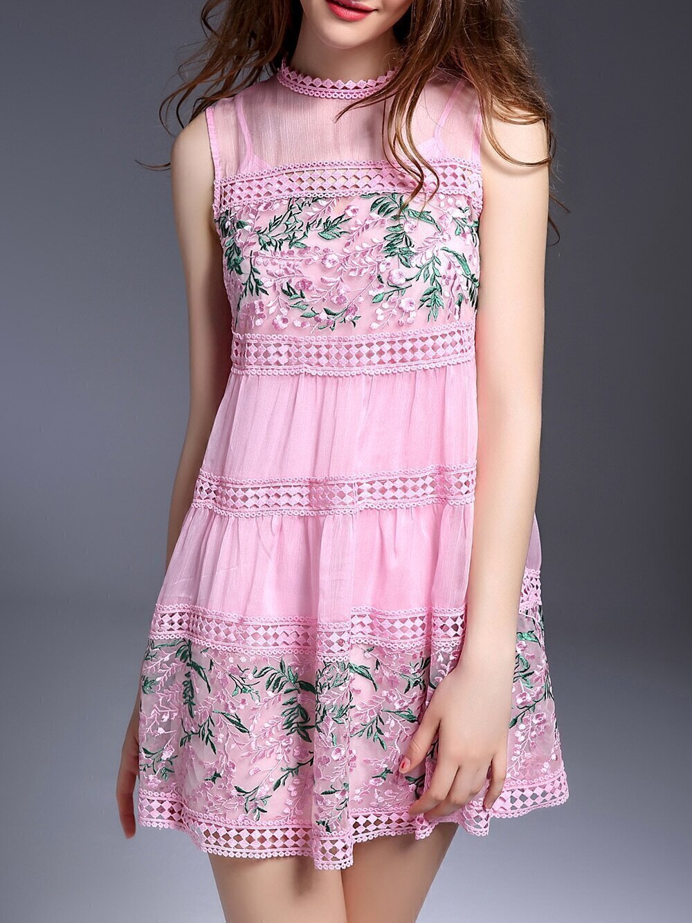 Pink Organza Embroidered Hollow Shift Dress