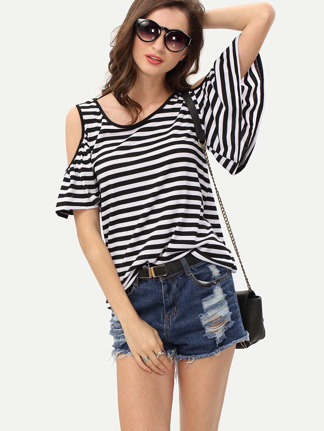 Cutout Shoulder Striped T-shirt