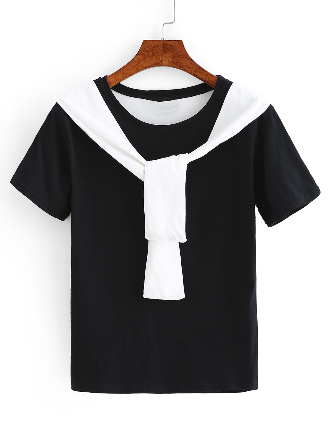 Faux Sleeve-Tie Neck T-shirt