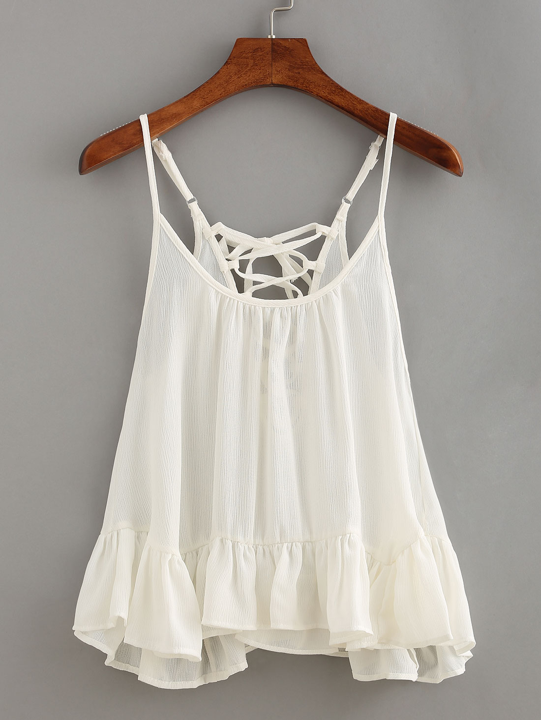 Lace-Up Ruffled Hem Cami Top - White