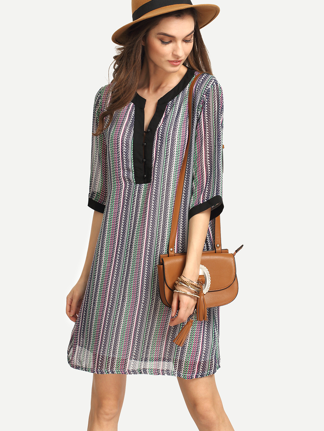 Contrast Trim Vertical Striped Tunic Dress