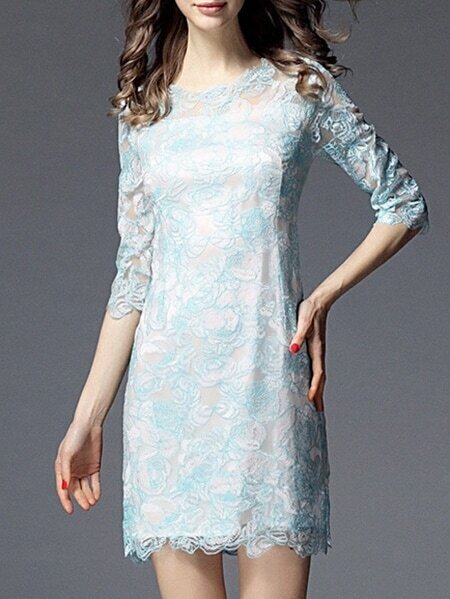 Blue Embroidered Lace Sheath Dress