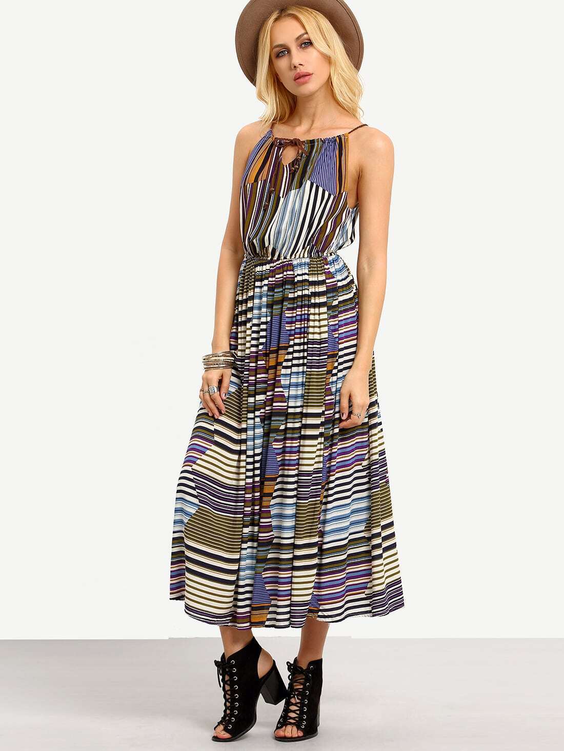 Keyhole Tie-Neck Striped Cami Dress