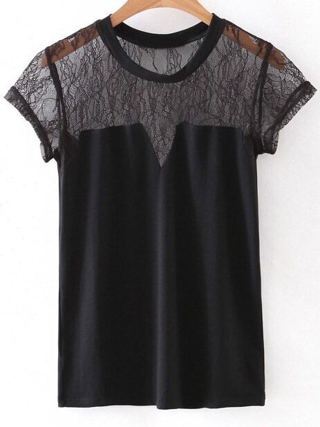 Black Cap Sleeve Lace Splicing Blouse