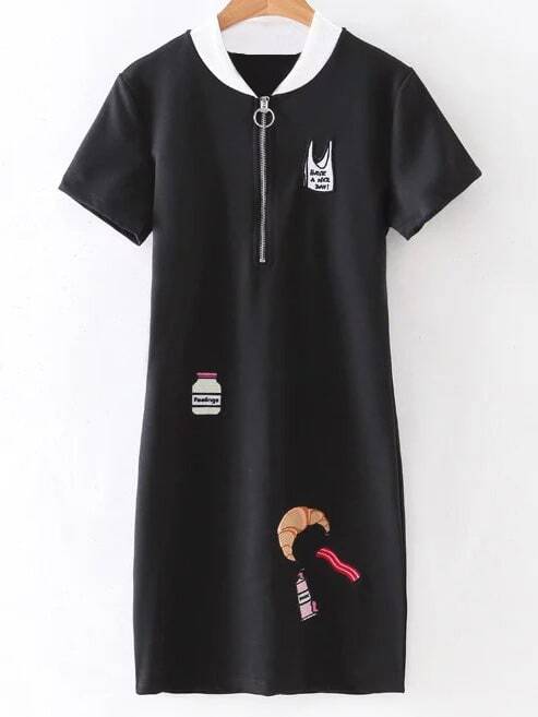 Black Short Sleeve Zipper Front Embroidery Dress