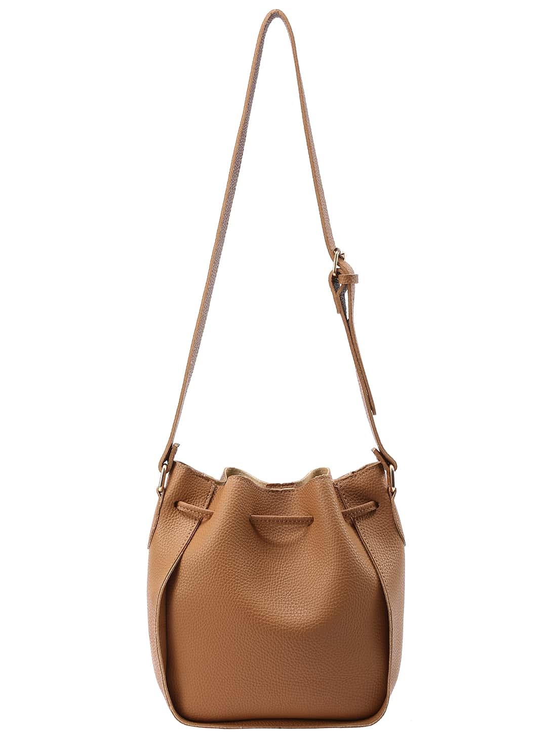 Embossed Faux Leather Drawstring Bucket Bag Brown SheIn(Sheinside)