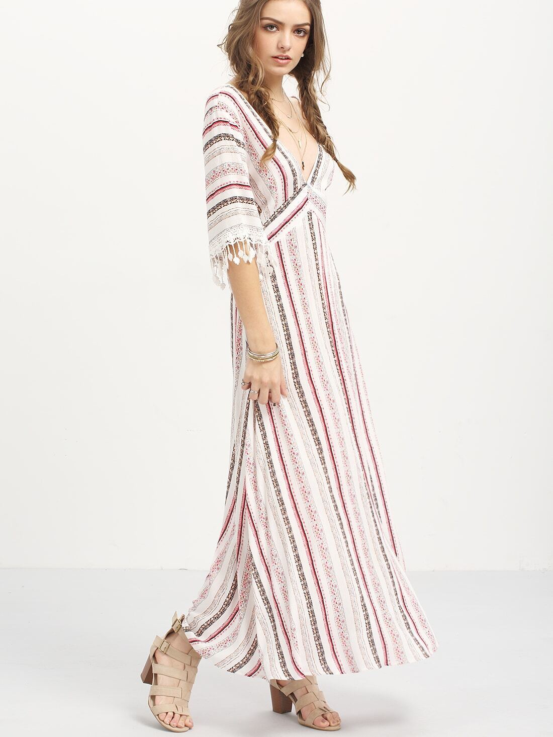 Multicolor Striped Half Sleeve V Neck Maxi Dress SheIn(Sheinside)