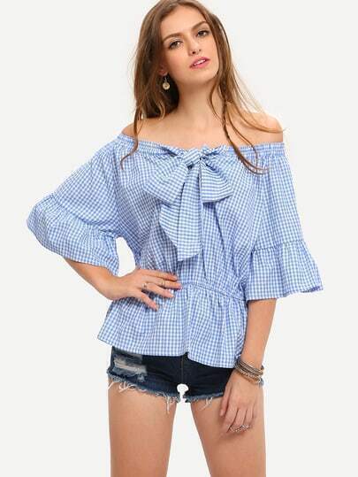 Blue Off The Shoulder Bow Half Sleeve Blouse