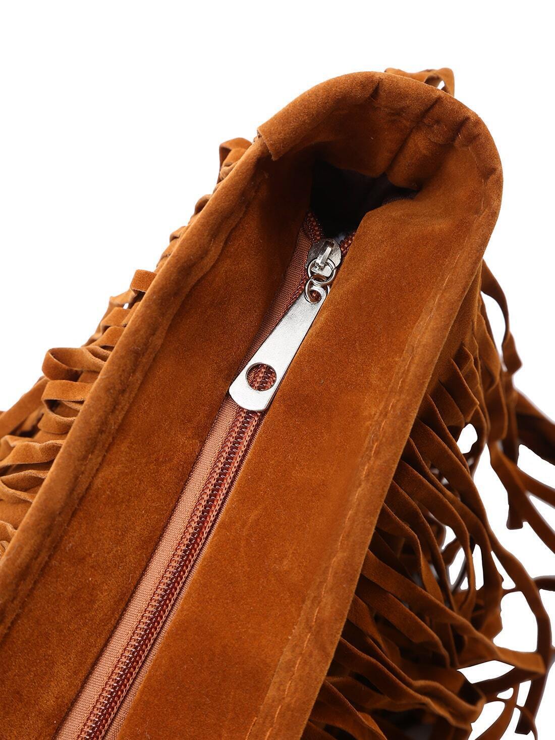Brown Faux Suede Fringe Shoulder Bag SheIn(Sheinside)