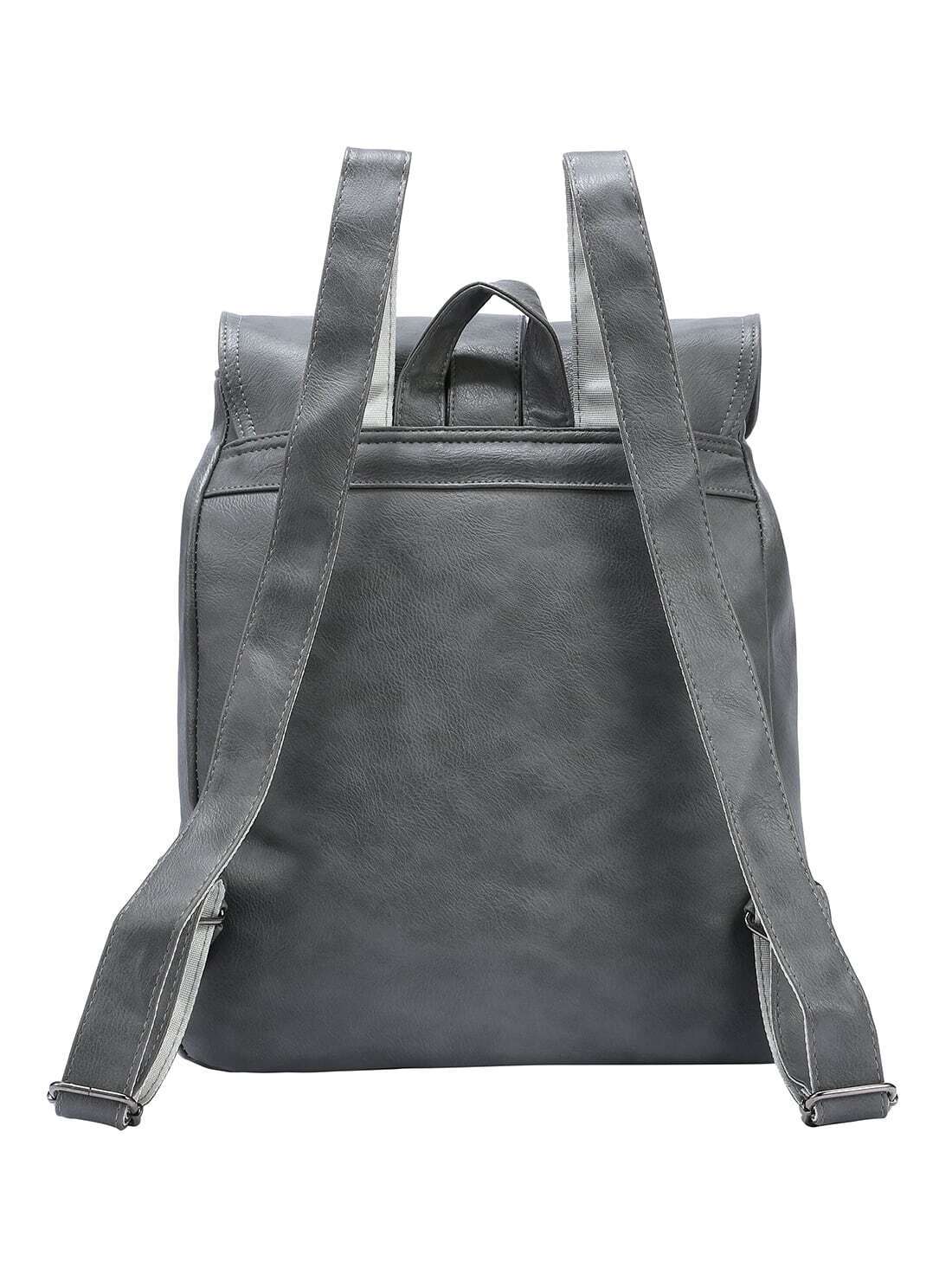 Grey Faux Leather Hook Lock Flap Backpack SheIn(Sheinside)