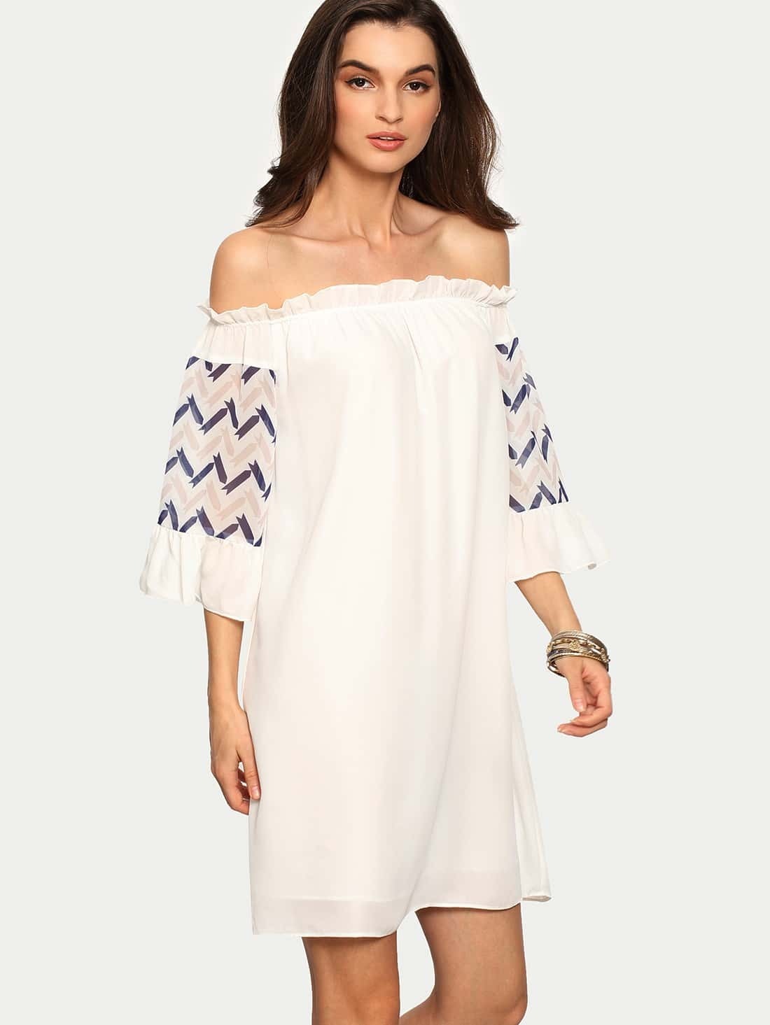 White Off The Shoulder Print Ruffle Dress SheIn(Sheinside)