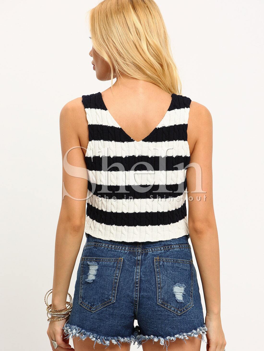 Black White Stripe V Neck Crop Tank Top Shein Sheinside black white stripe v neck crop tank top shein sheinside