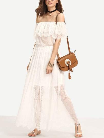 Beige Off The Shoulder Ruffle Lace Maxi Dress