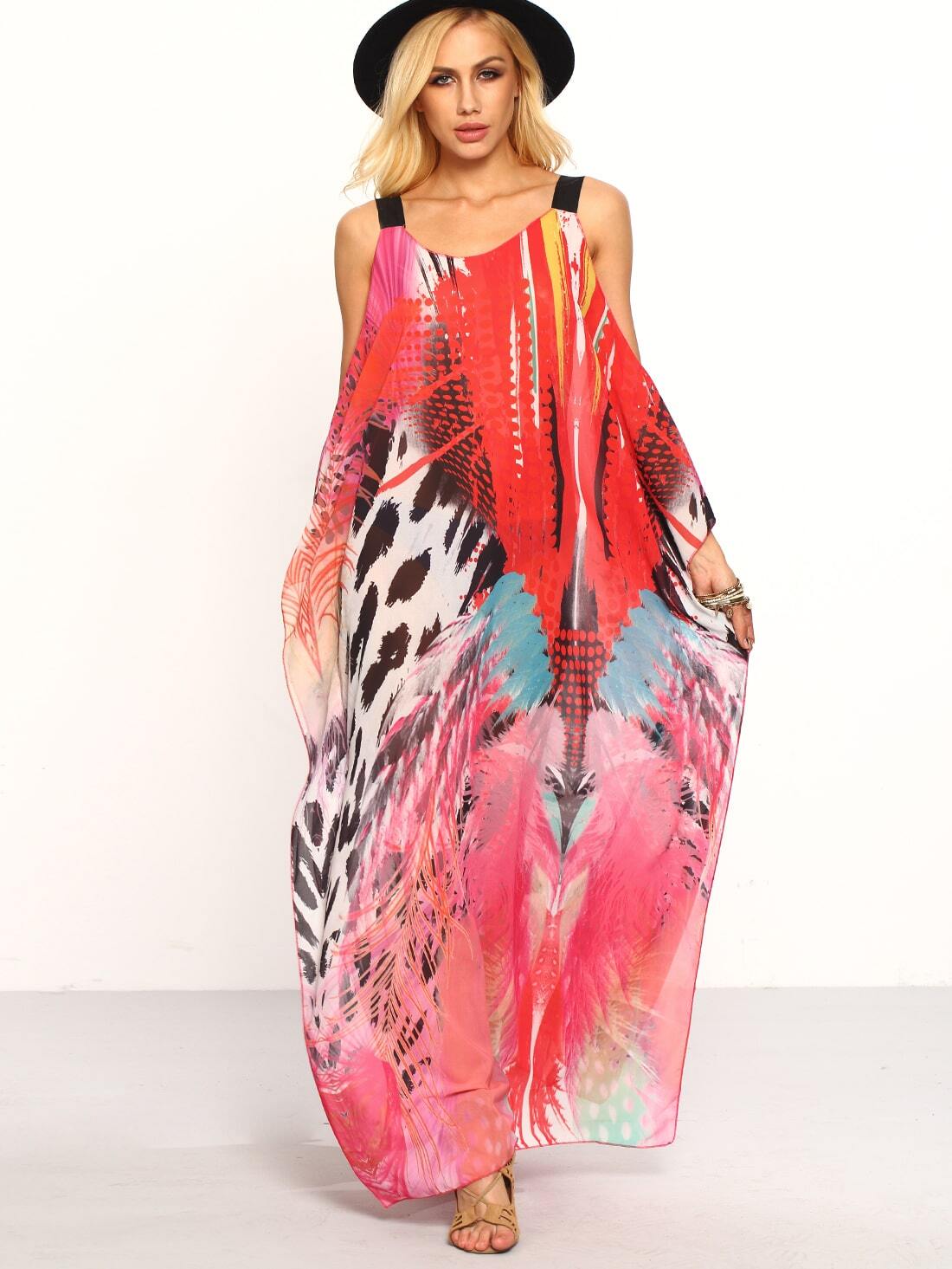 Cold Shoulder Printed LooseFit Chiffon Dress Red SheIn(Sheinside)