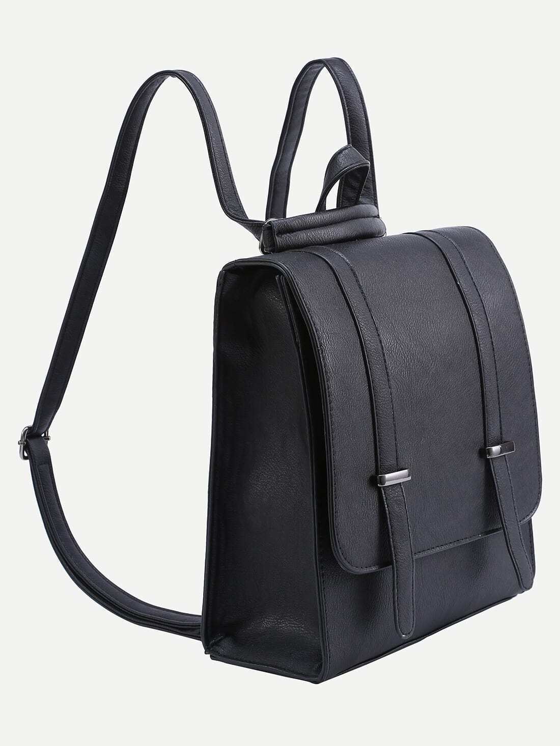 Dual Buckled Strap Flap Backpack Black SheIn(Sheinside)