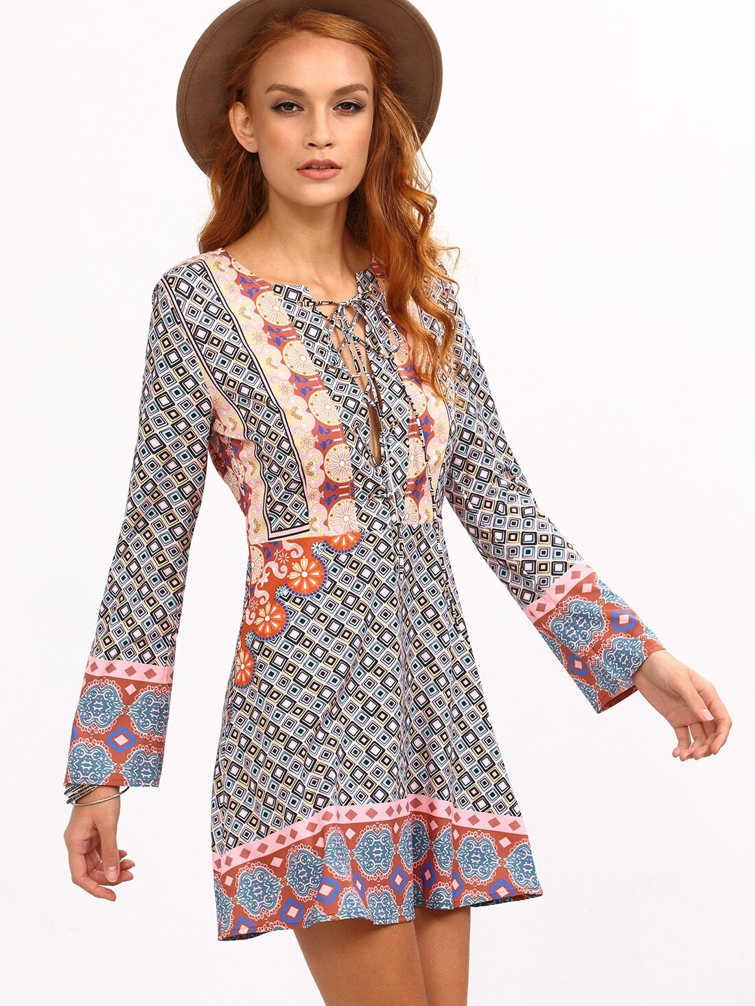 LaceUp Front Multicolor Geometric Print Boho Dress SheIn(Sheinside)