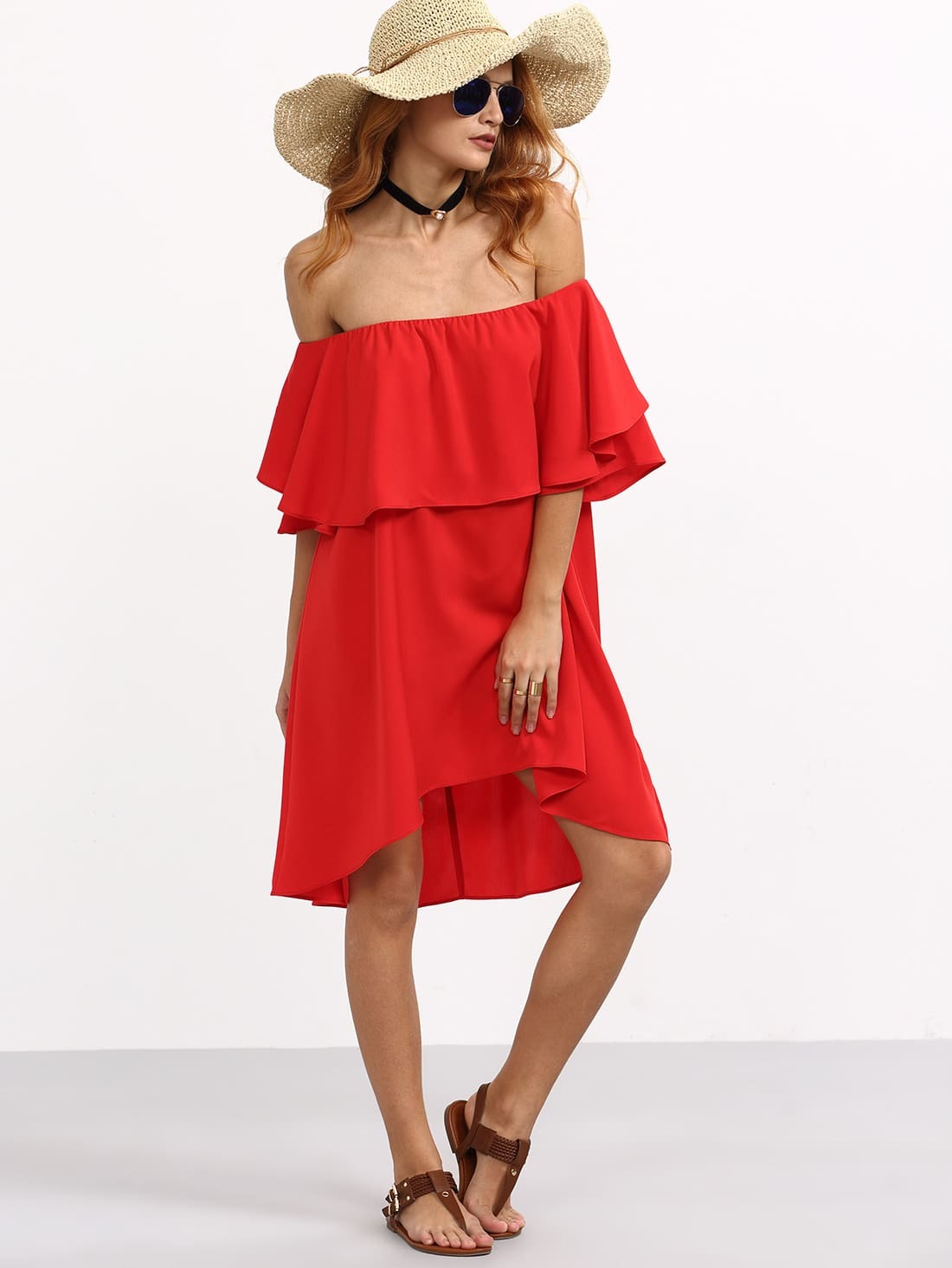 Flounce Layered Neckline Chiffon Dress SheIn(Sheinside)