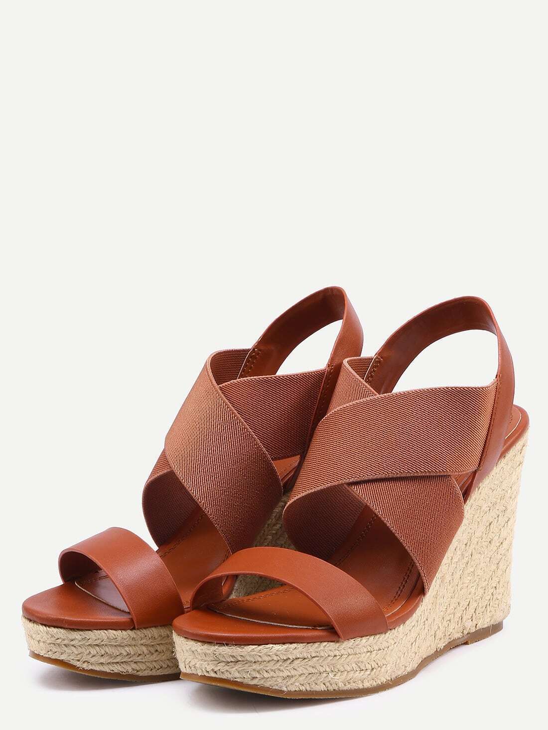 Faux Leather & Elastic Strap Wedges Camel SheIn(Sheinside)