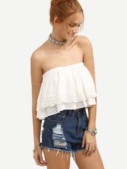 White Crochet Ruffle Crop Bandeau Top