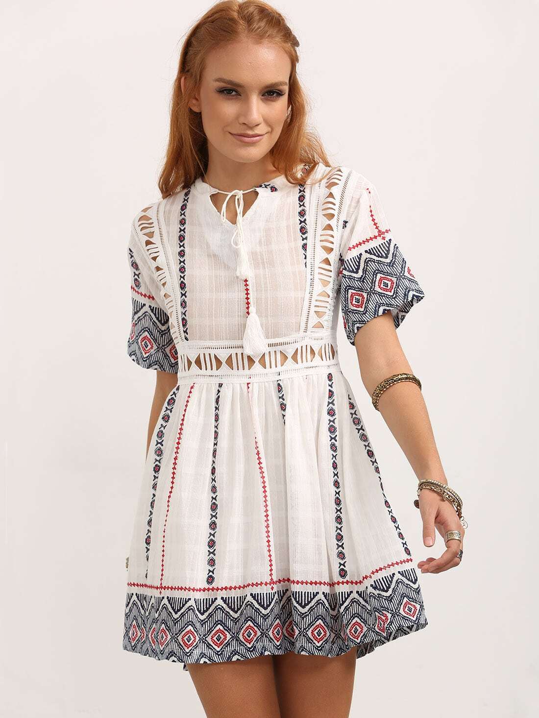 TasselTie Cutout Tribal Print Peasant Dress White SheIn(Sheinside)