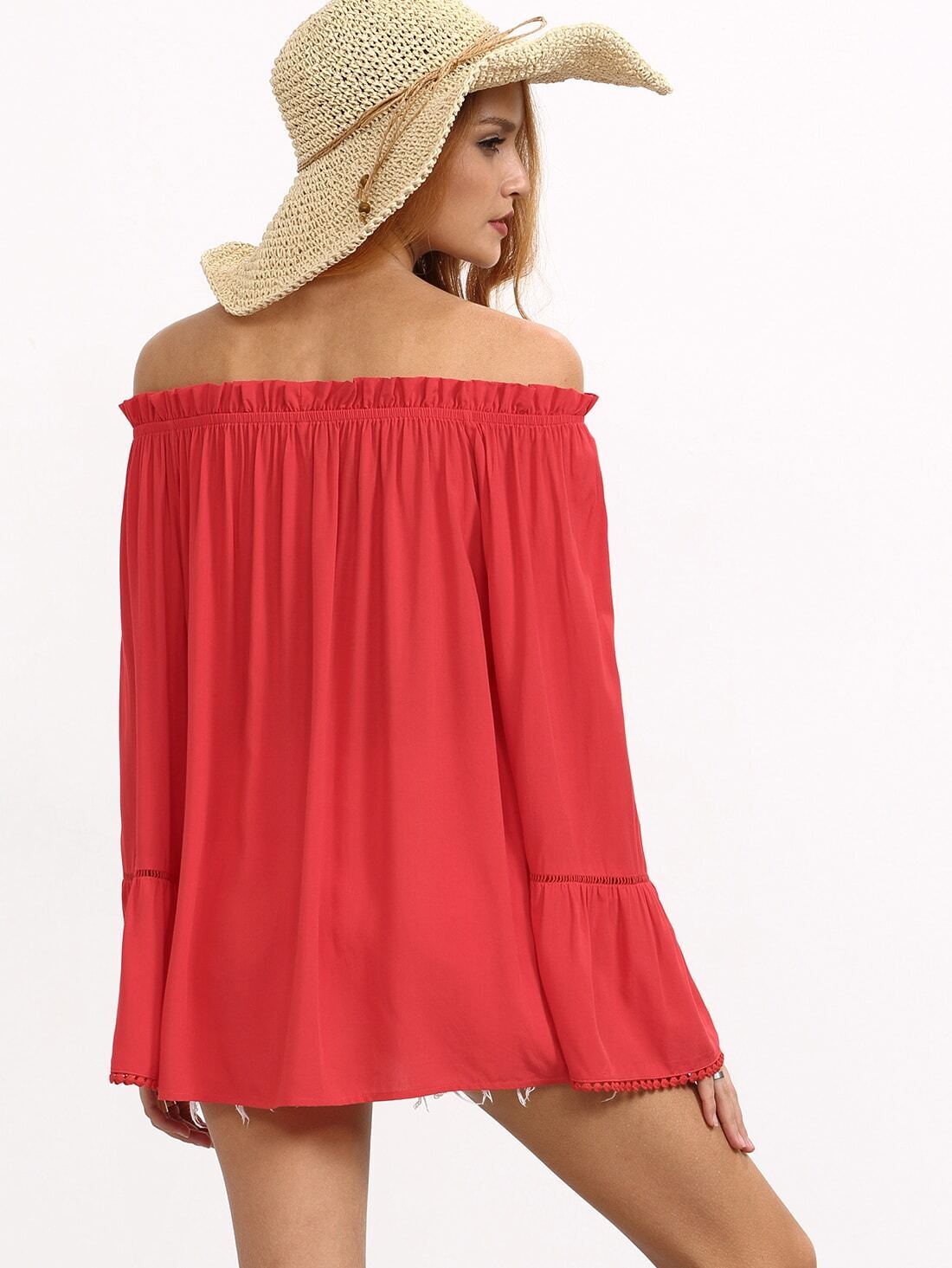 Red Boat Neck Bell Sleeve Tie Ruffle Blouse SheIn(Sheinside)