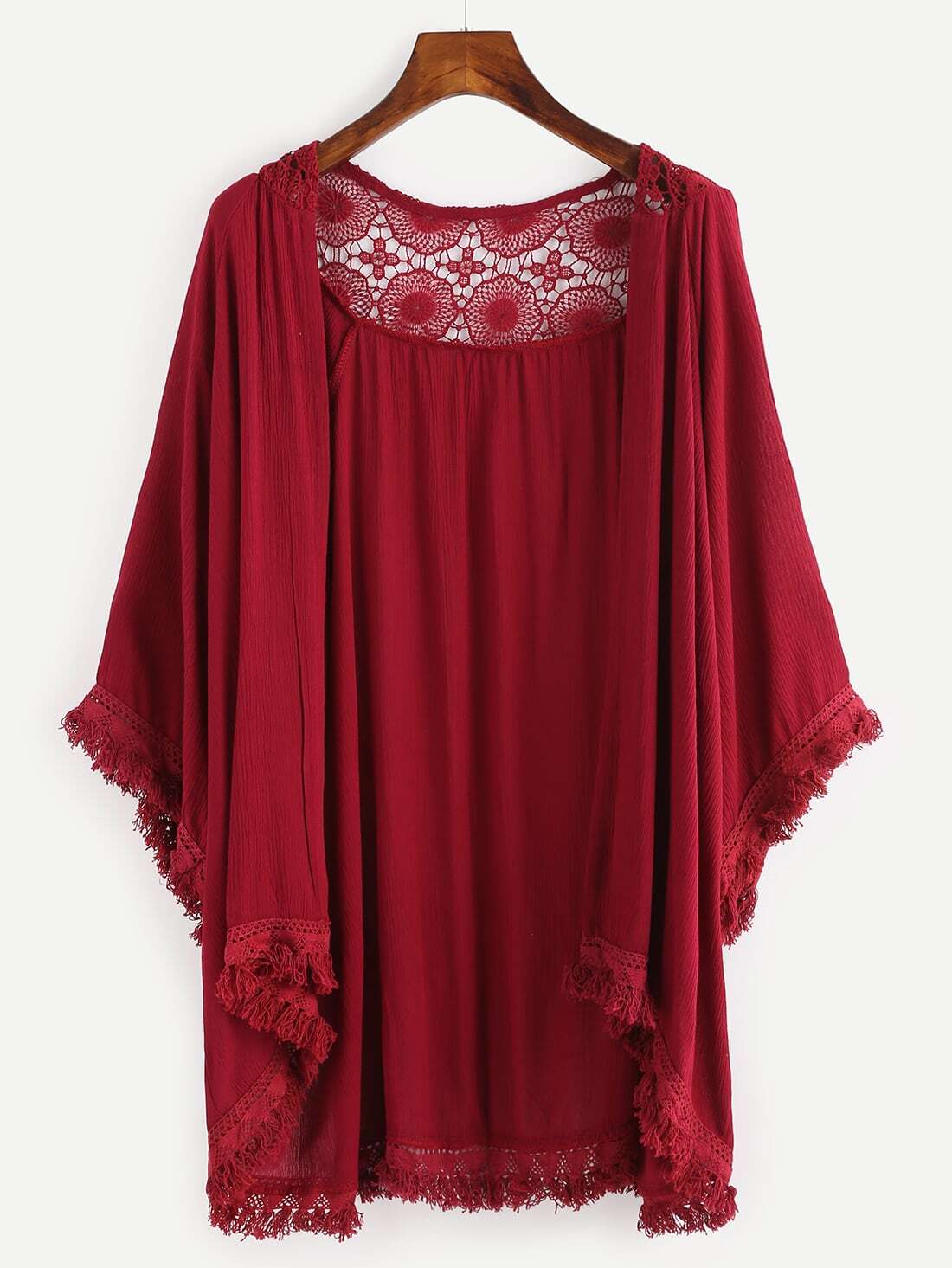 Crochet Insert Fringe Trimmed Kimono Burgundy SheIn(Sheinside)