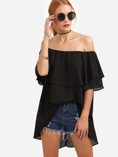 Black Off The Shoulder Dip Hem Blouse