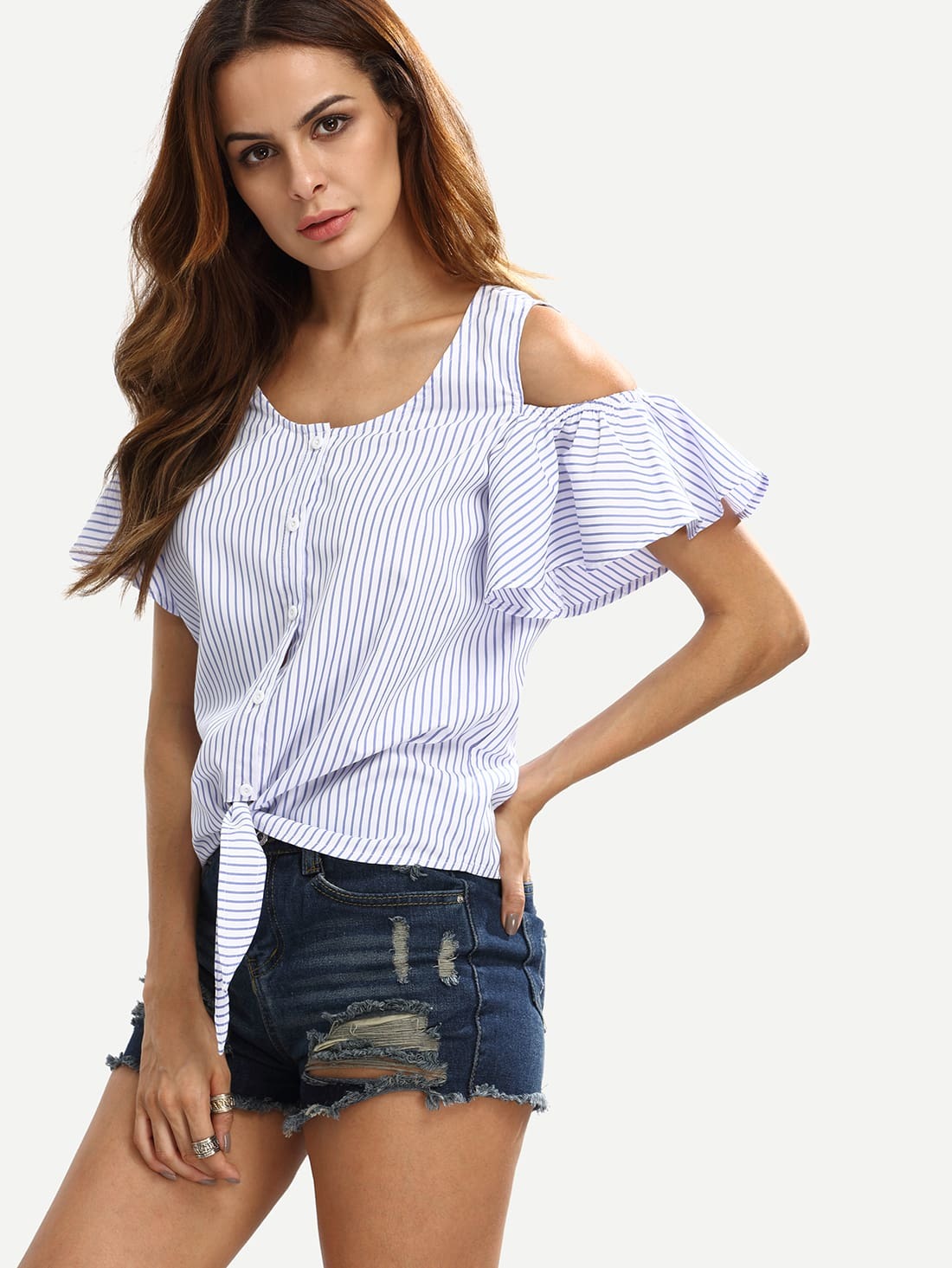 Полосатая блуза с открытыми плечами с бантом