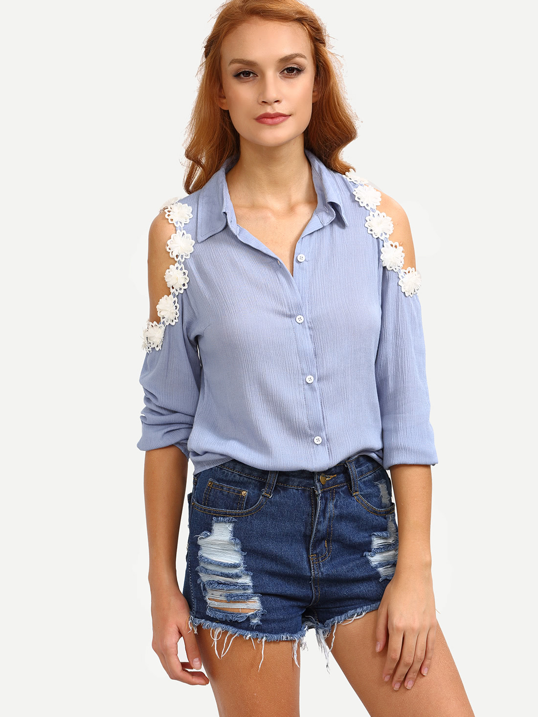 Flower Applique Open Shoulder Blue Blouse SheIn(Sheinside)