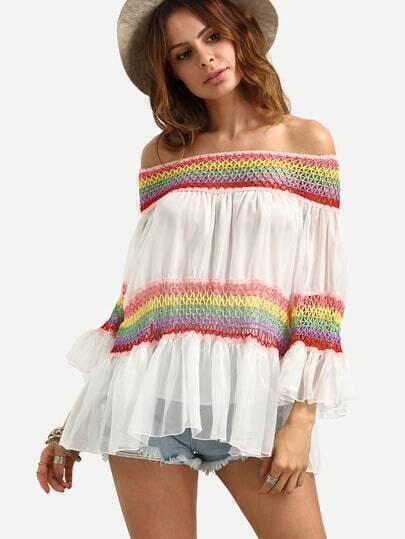 White Off The Shoulder Rainbow Macrame Blouse