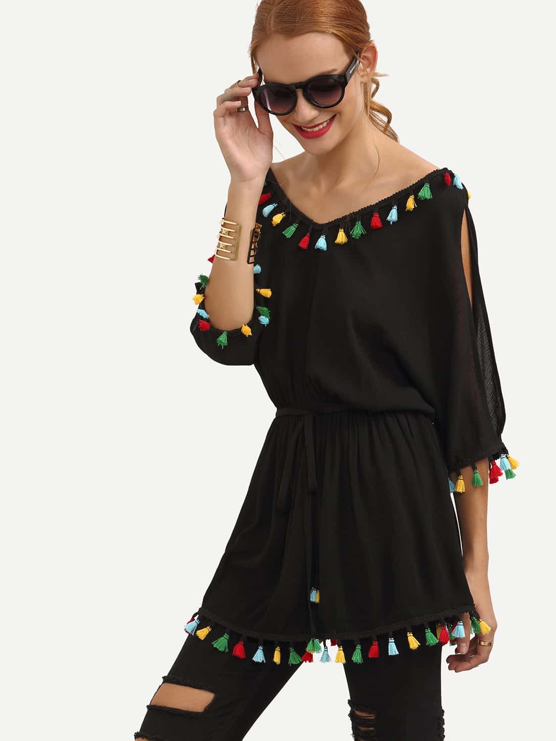 Black Split Sleeve Colored Tassel Trim Blouse SheIn(Sheinside)