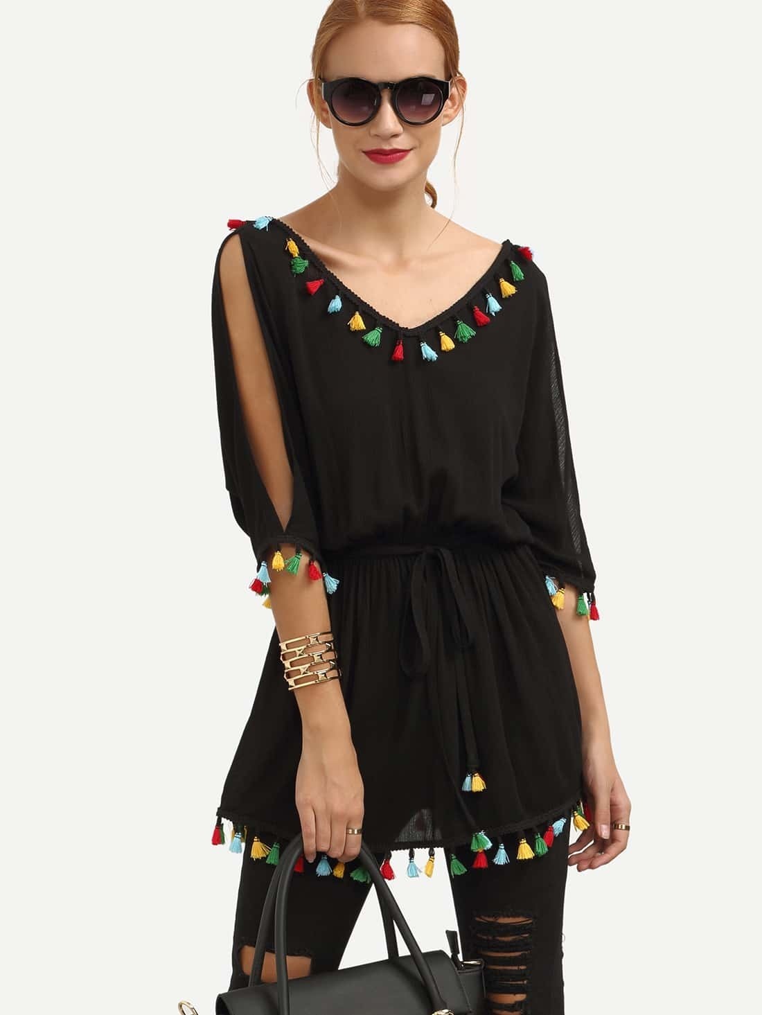 Black Split Sleeve Colored Tassel Trim Blouse SheIn(Sheinside)