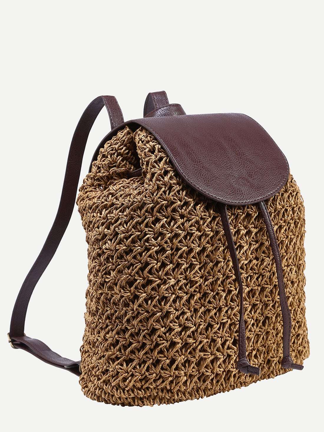 Khaki Drawstring Flap Straw Backpack SheIn(Sheinside)